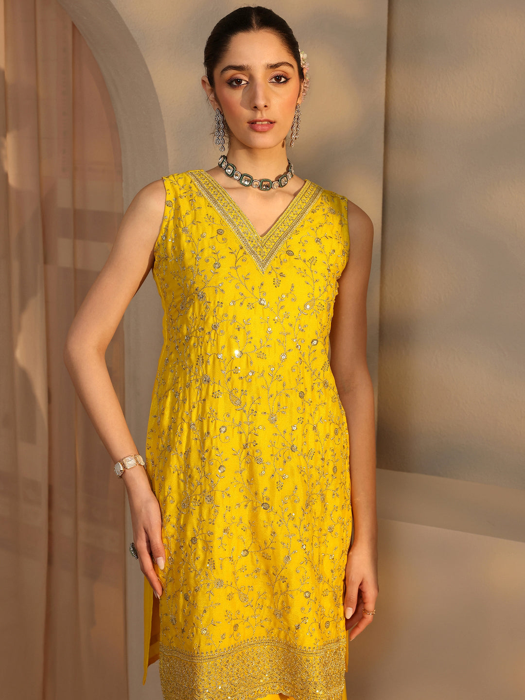 Yellow Embellished Chinon Palazzo Suit Set With Dupatta