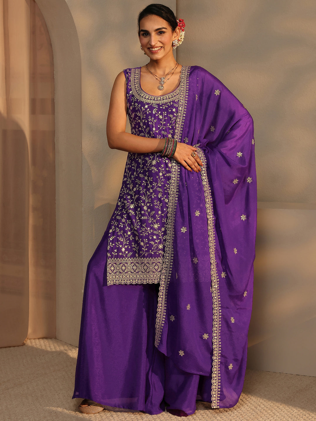 Purple Embellished Chinon Palazzo Suit Set With Dupatta
