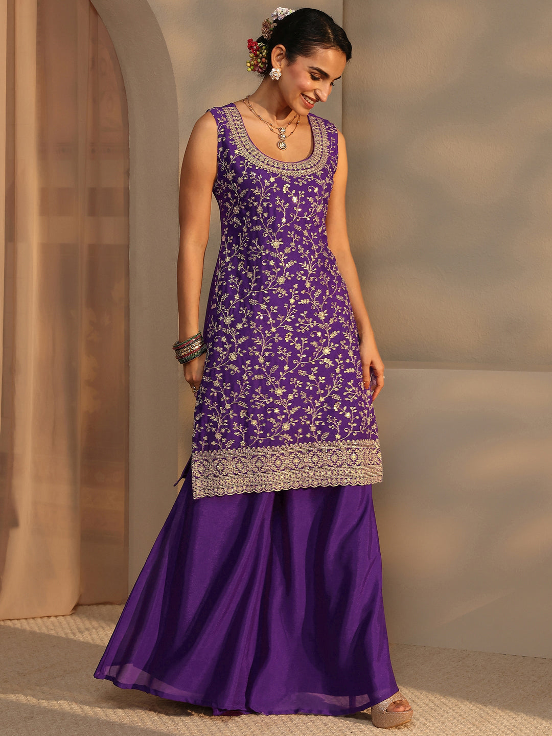 Purple Embellished Chinon Palazzo Suit Set With Dupatta