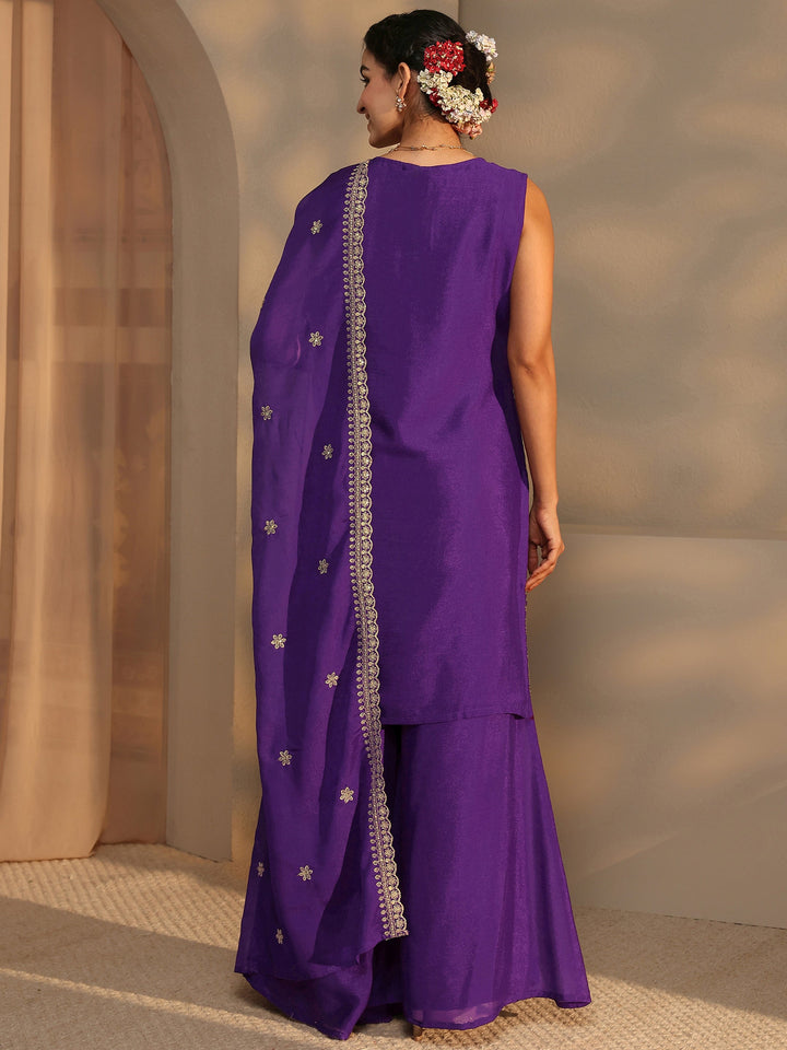 Purple Embellished Chinon Palazzo Suit Set With Dupatta