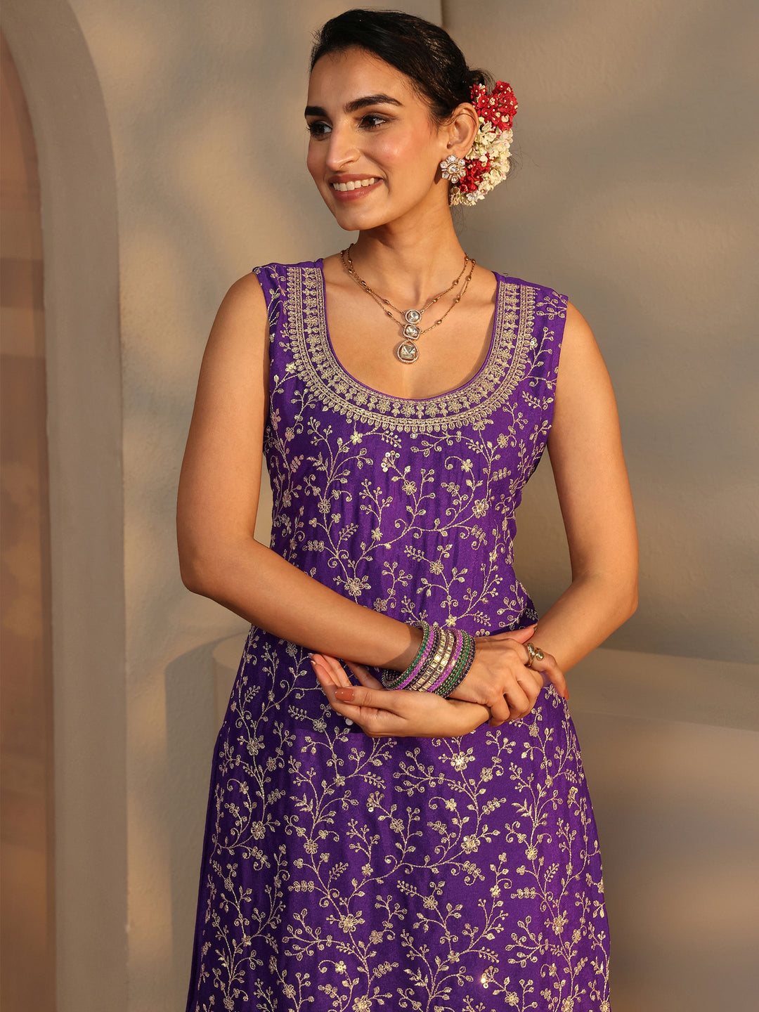 Purple Embellished Chinon Palazzo Suit Set With Dupatta