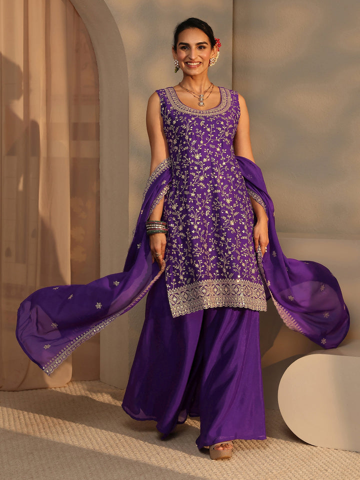 Purple Embellished Chinon Palazzo Suit Set With Dupatta