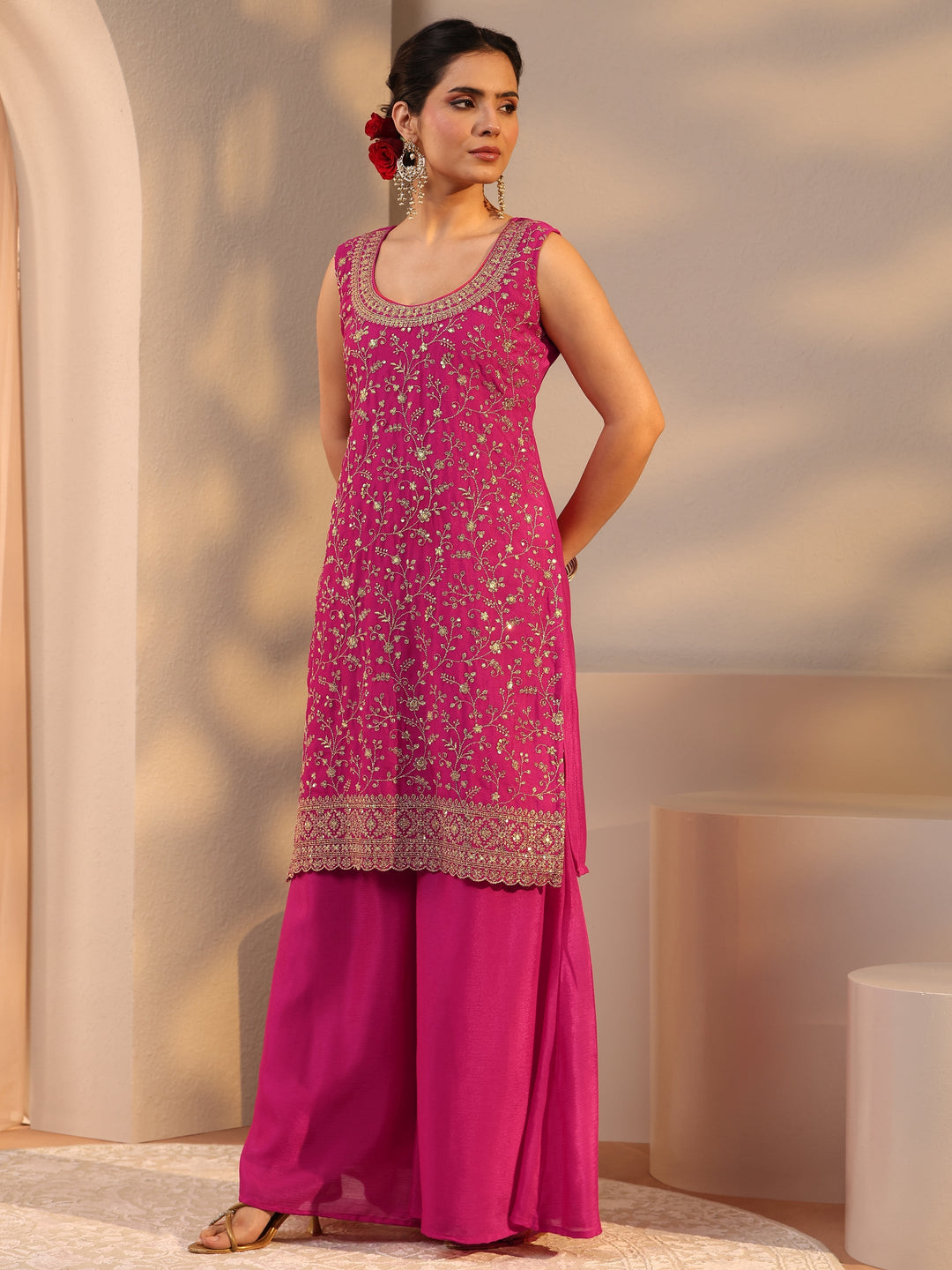 Pink Floral Embroidered Chinon Straight Suit Set With Dupatta