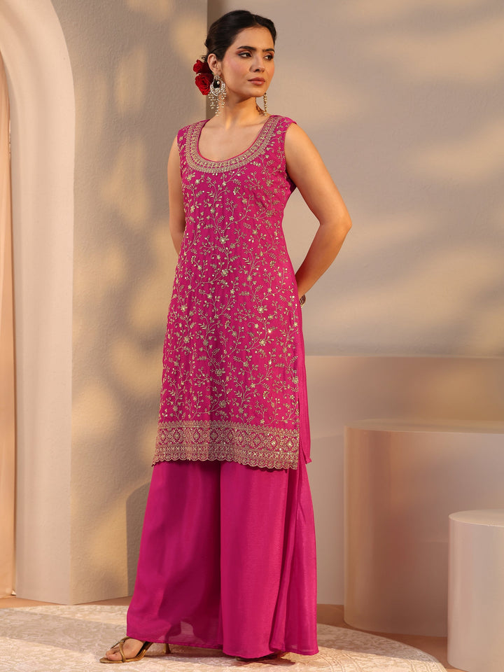 Pink Floral Embroidered Chinon Straight Suit Set With Dupatta
