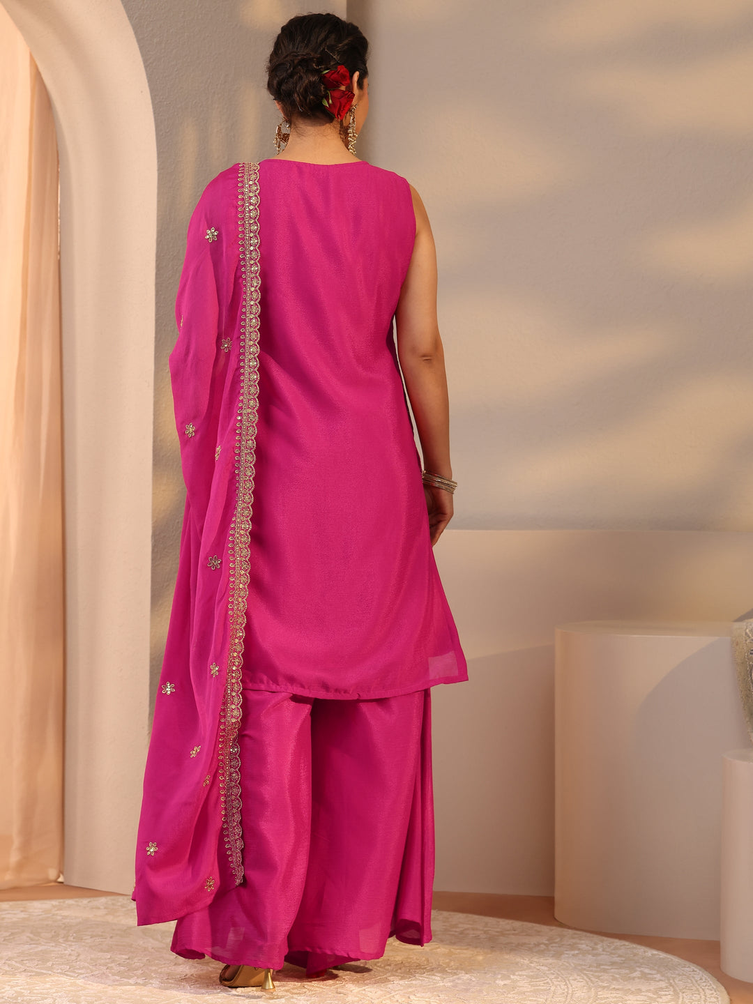 Pink Floral Embroidered Chinon Straight Suit Set With Dupatta
