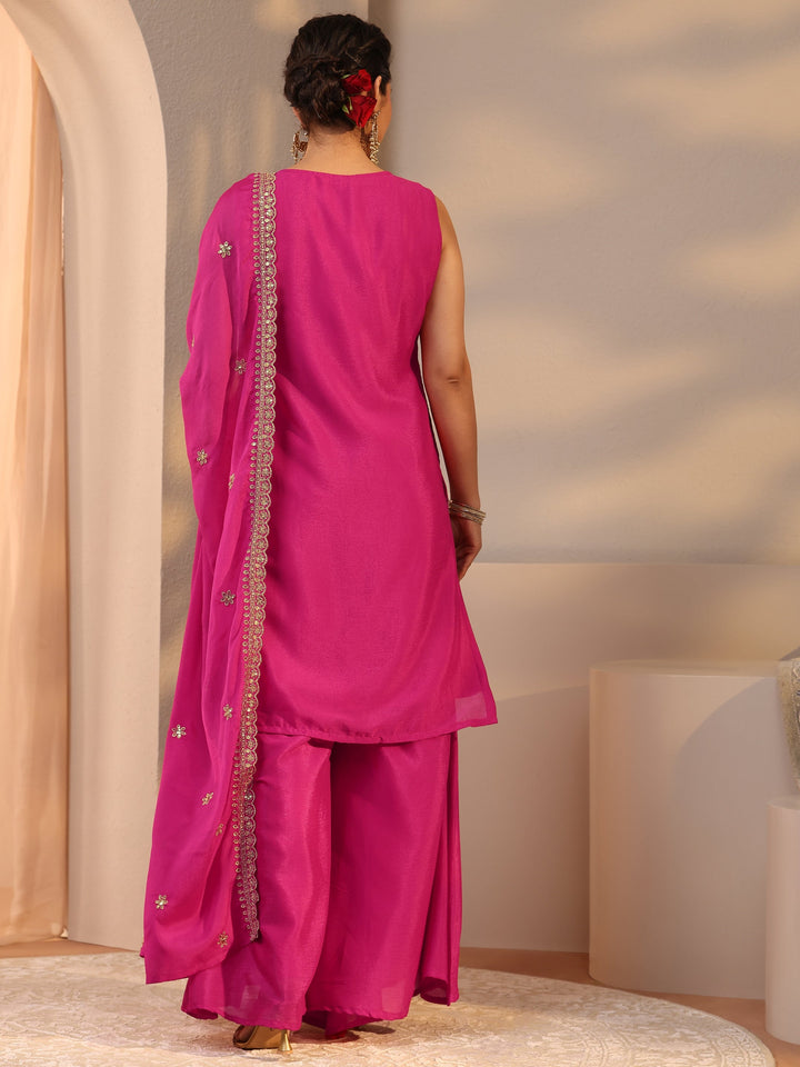 Pink Floral Embroidered Chinon Straight Suit Set With Dupatta