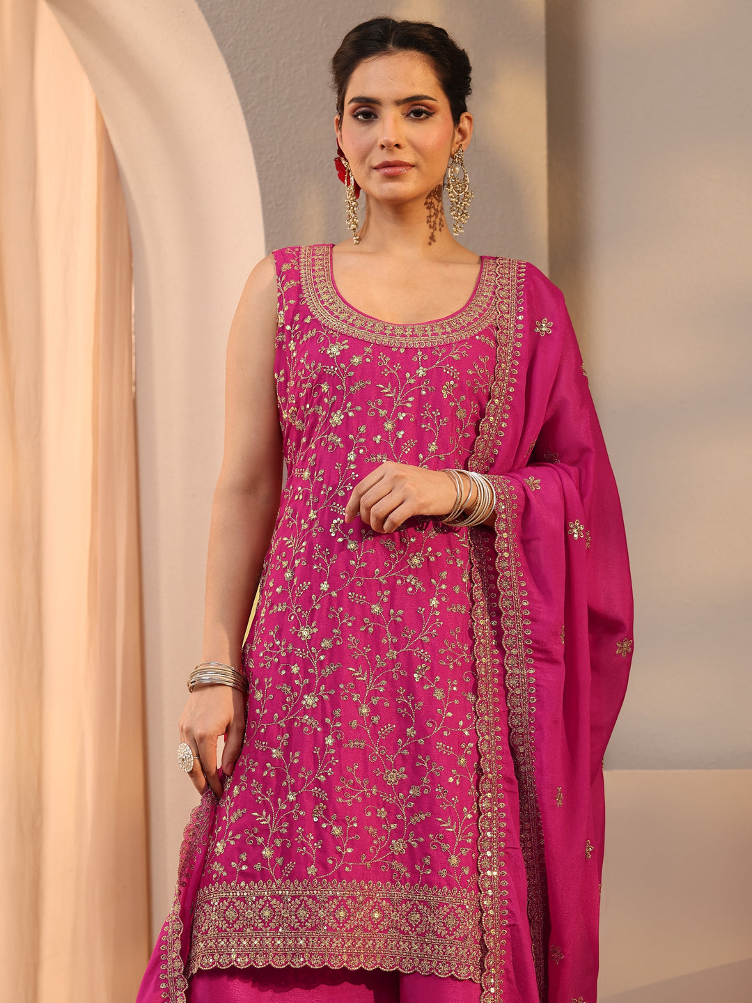 Pink Floral Embroidered Chinon Straight Suit Set With Dupatta