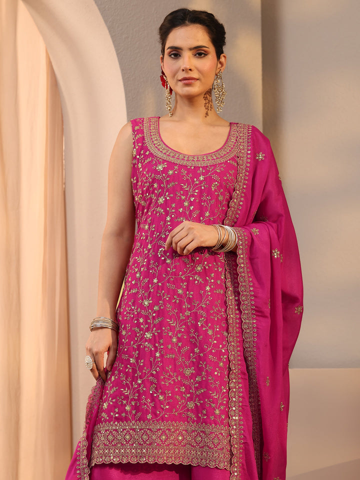 Pink Floral Embroidered Chinon Straight Suit Set With Dupatta