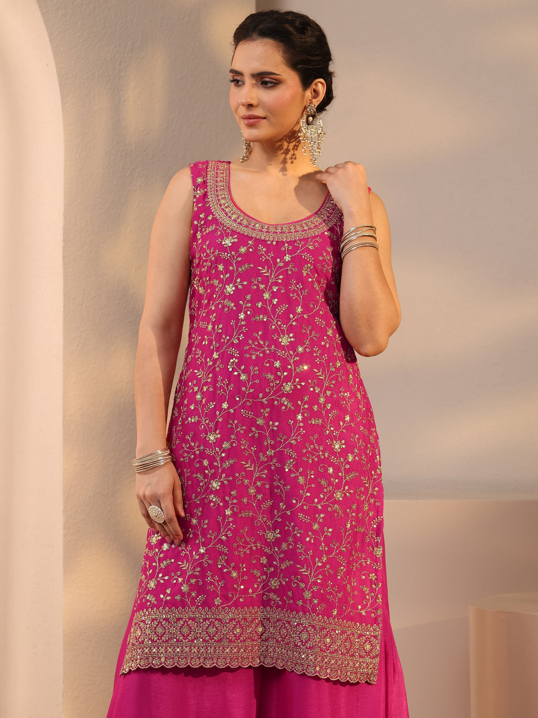 Pink Floral Embroidered Chinon Straight Suit Set With Dupatta