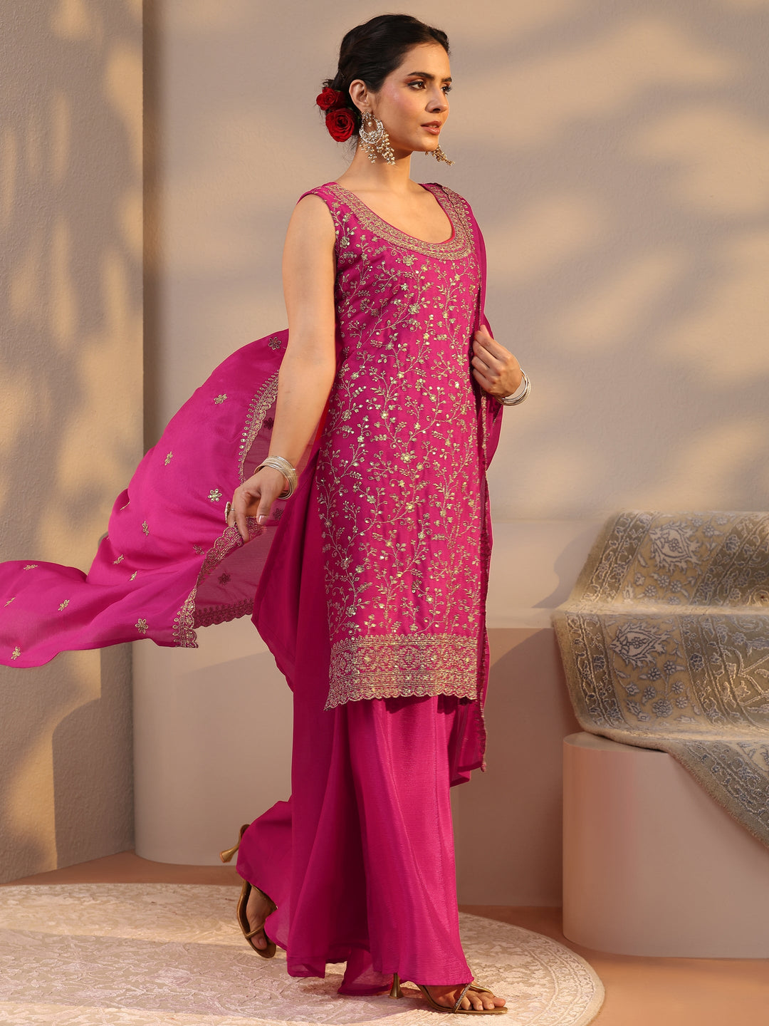 Pink Floral Embroidered Chinon Straight Suit Set With Dupatta