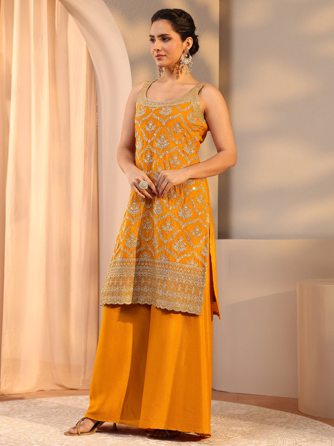 Mustard Embellished Chinon Palazzo Suit Set With Dupatta
