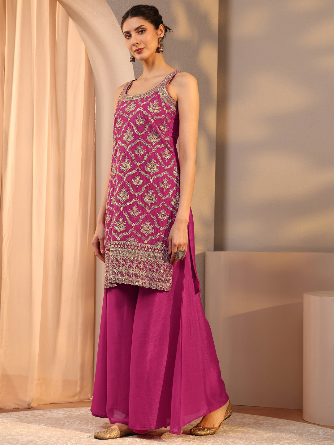 Pink Embellished Chinon Palazzo Suit Set With Dupatta