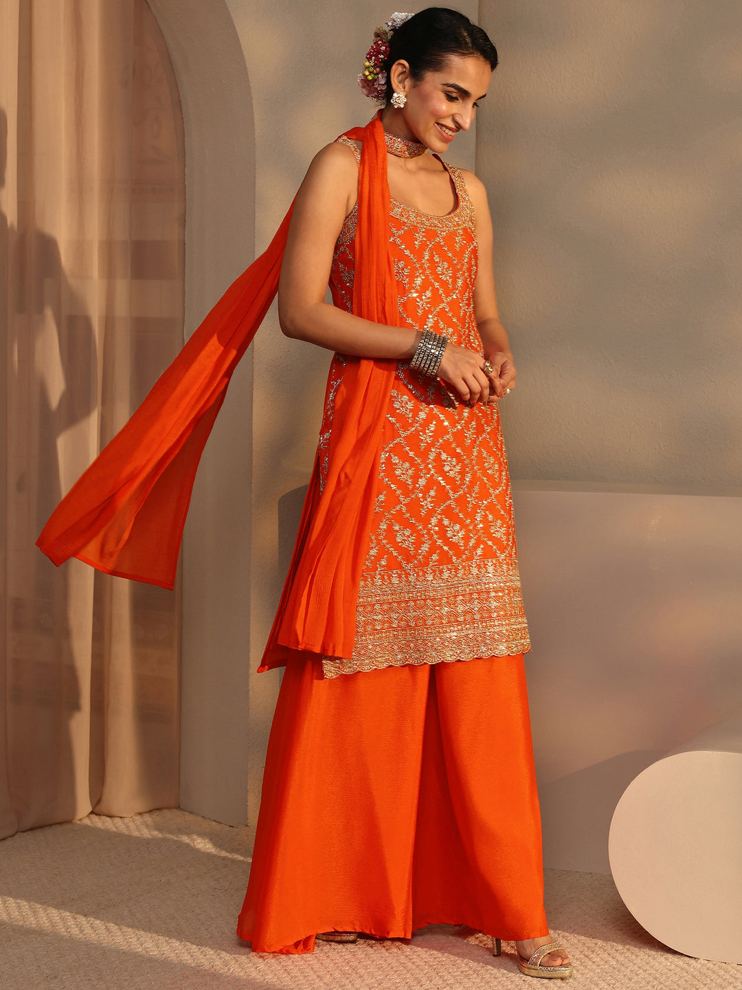 Orange Embellished Chinon Palazzo Suit Set With Dupatta