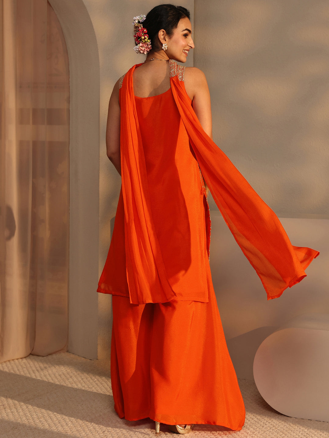 Orange Embellished Chinon Palazzo Suit Set With Dupatta