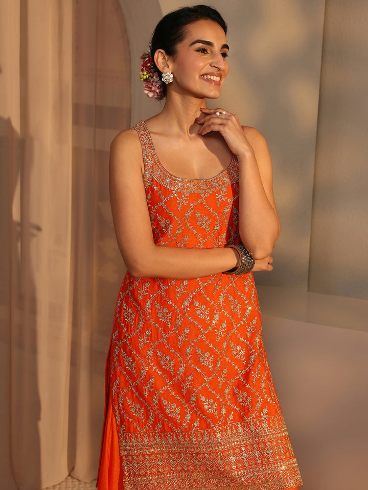 Orange Embellished Chinon Palazzo Suit Set With Dupatta