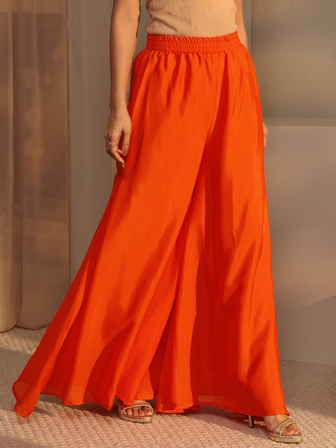 Orange Embellished Chinon Palazzo Suit Set With Dupatta