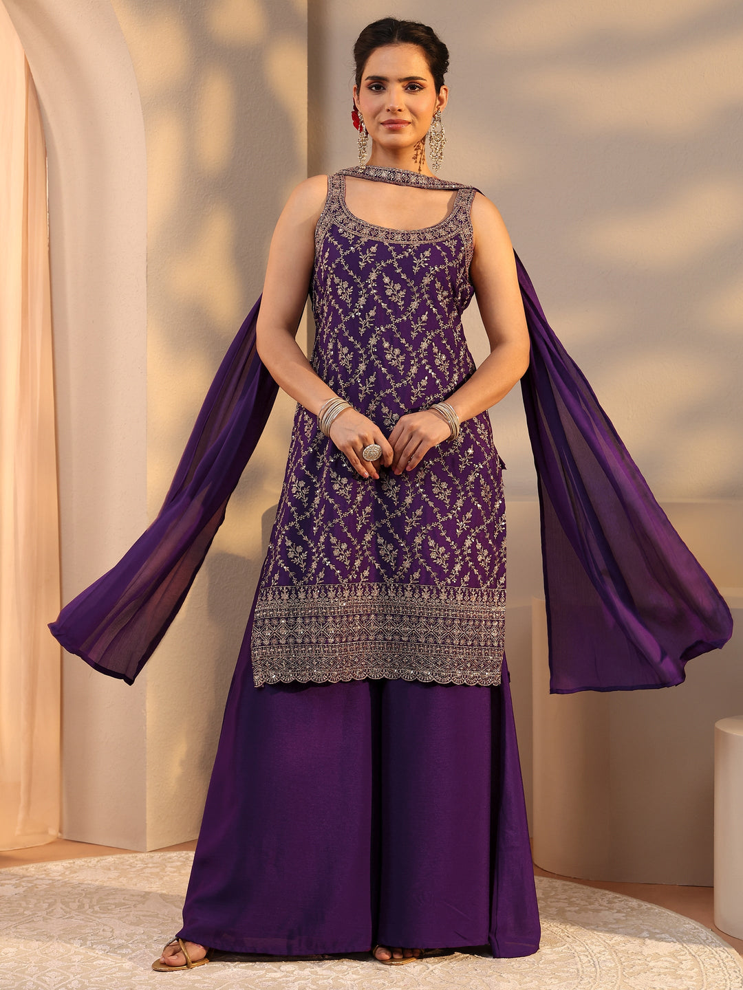 Purple Embellished Chinon Palazzo Suit Set With Dupatta