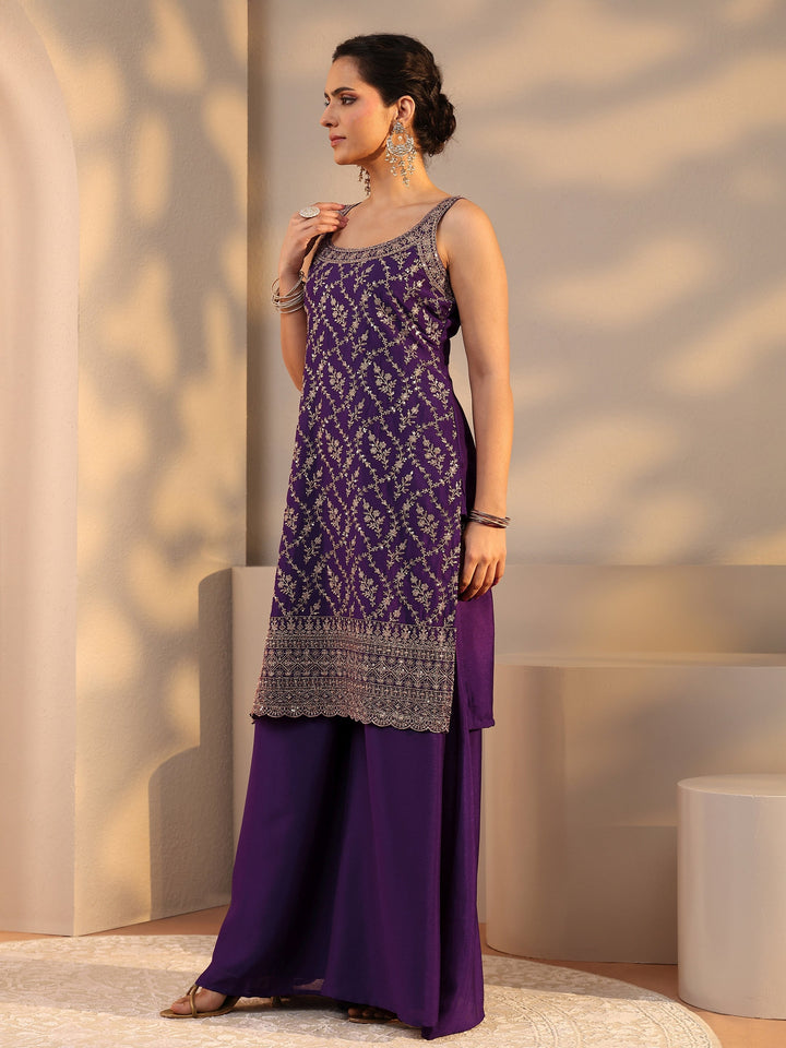 Purple Embellished Chinon Palazzo Suit Set With Dupatta