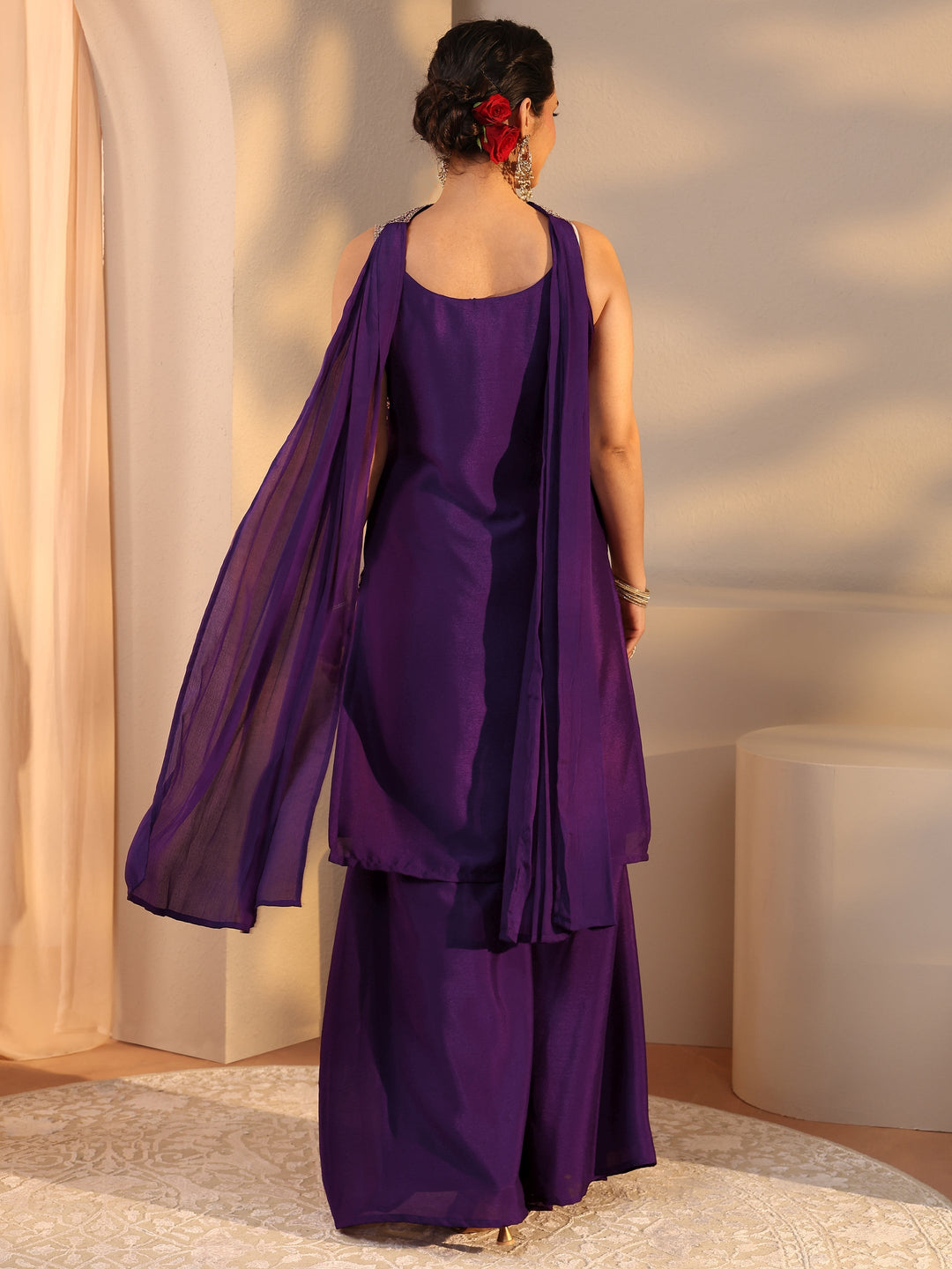 Purple Embellished Chinon Palazzo Suit Set With Dupatta