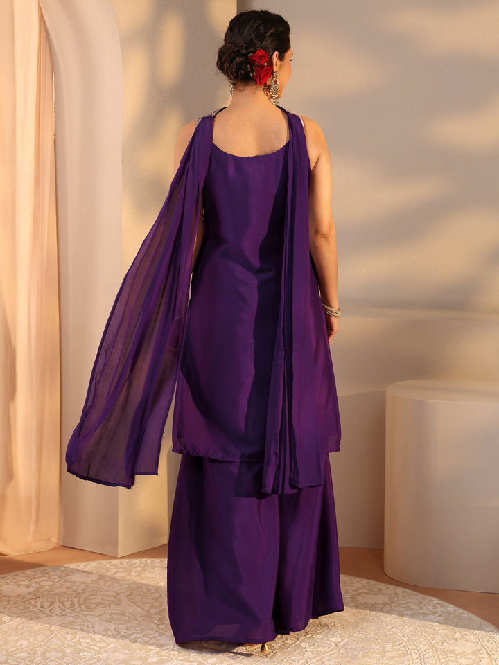 Purple Embellished Chinon Palazzo Suit Set With Dupatta