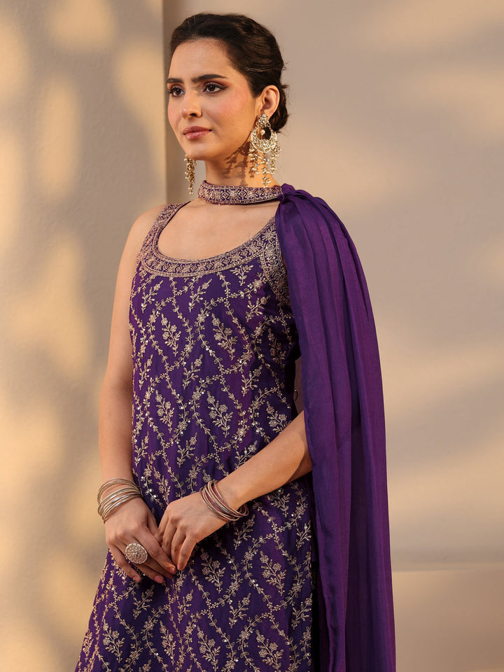 Purple Embellished Chinon Palazzo Suit Set With Dupatta
