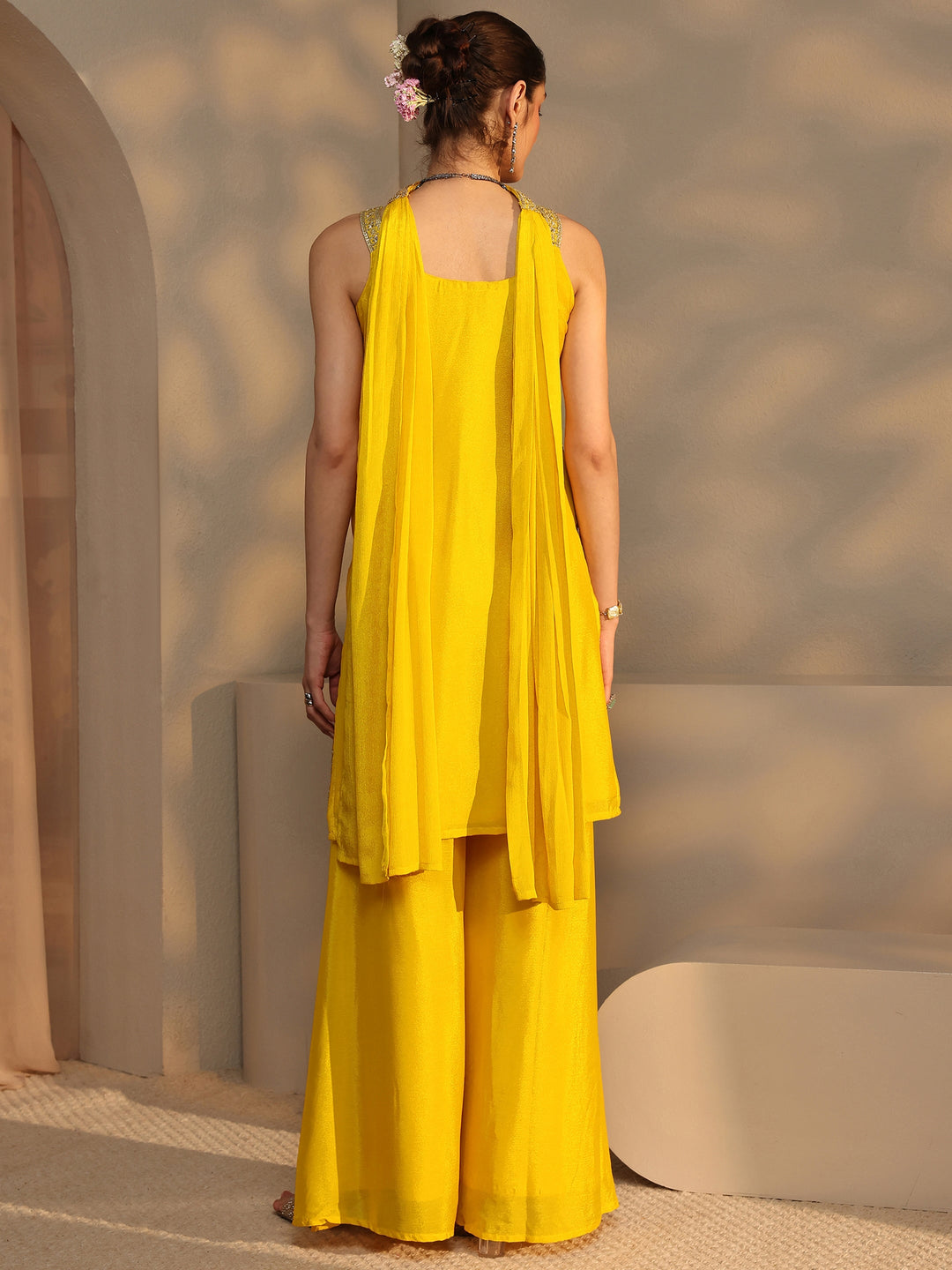 Yellow Embellished Chinon Palazzo Suit Set With Dupatta