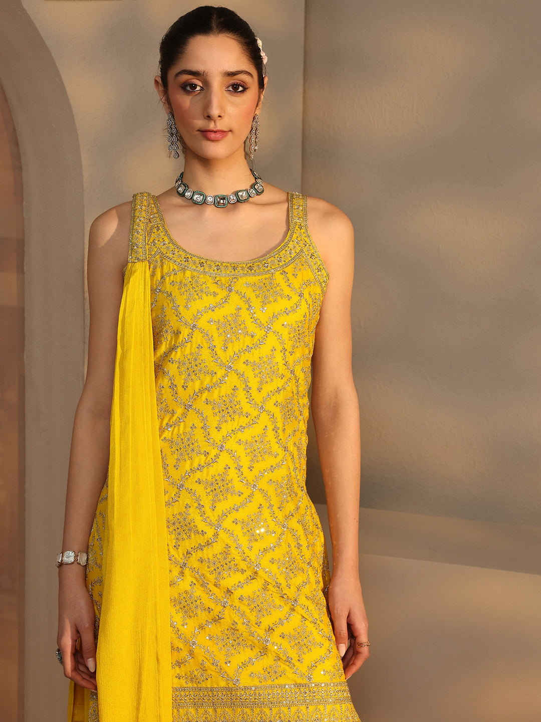 Yellow Embellished Chinon Palazzo Suit Set With Dupatta