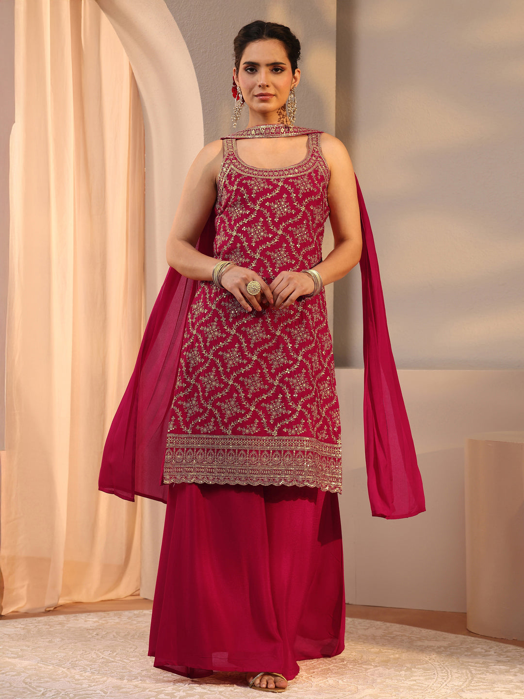 Libas Red Embellished Chinon Palazzo Suit Set With Dupatta