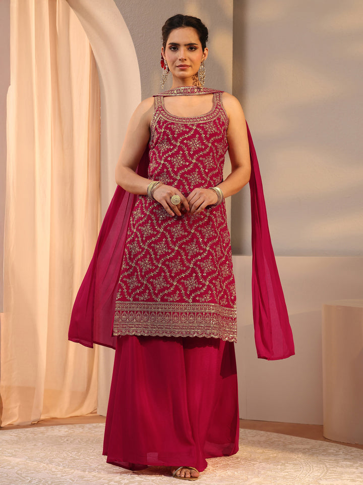 Libas Red Embellished Chinon Palazzo Suit Set With Dupatta