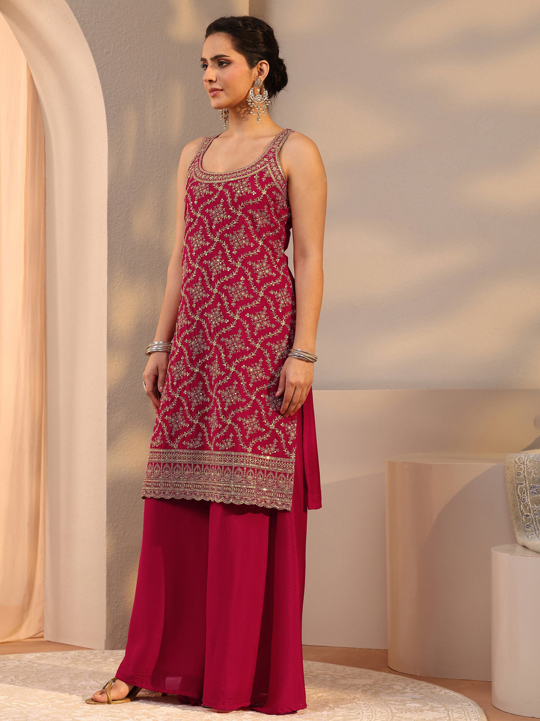 Libas Red Embellished Chinon Palazzo Suit Set With Dupatta