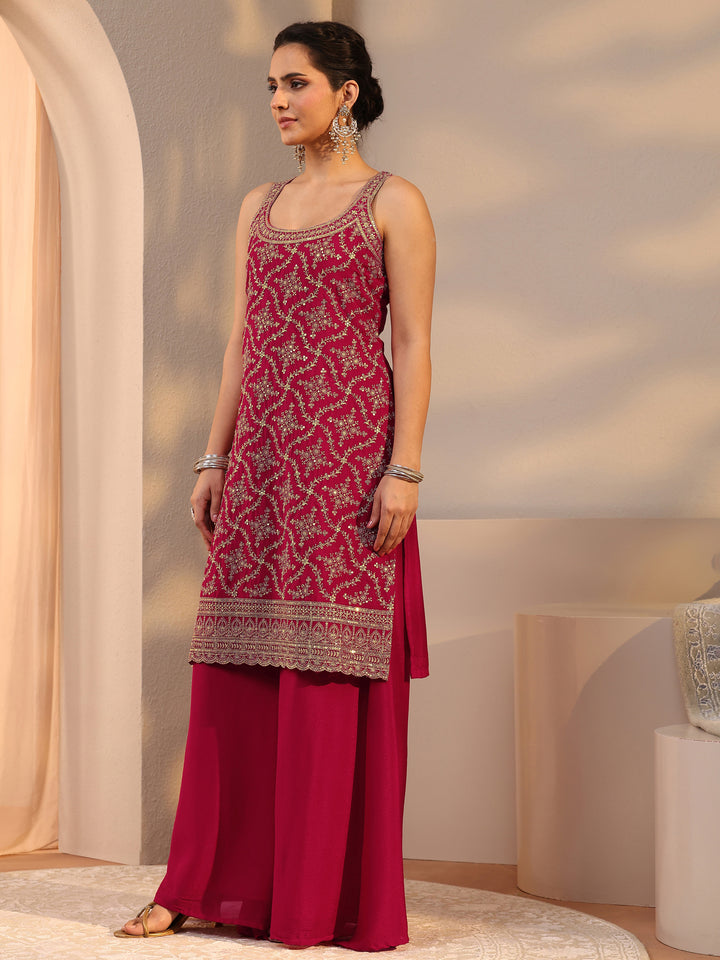 Libas Red Embellished Chinon Palazzo Suit Set With Dupatta