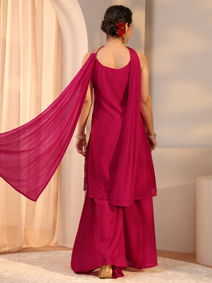 Libas Red Embellished Chinon Palazzo Suit Set With Dupatta