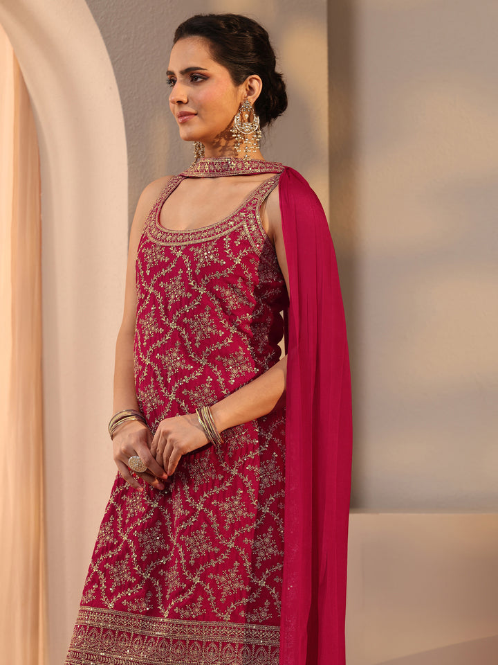Libas Red Embellished Chinon Palazzo Suit Set With Dupatta
