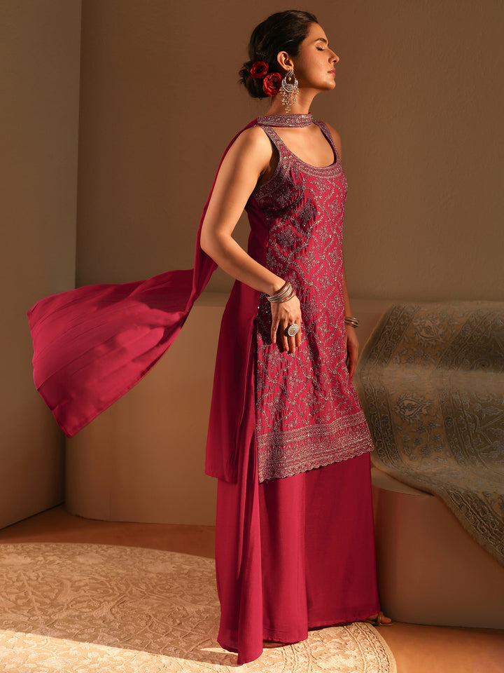 Libas Red Embellished Chinon Palazzo Suit Set With Dupatta