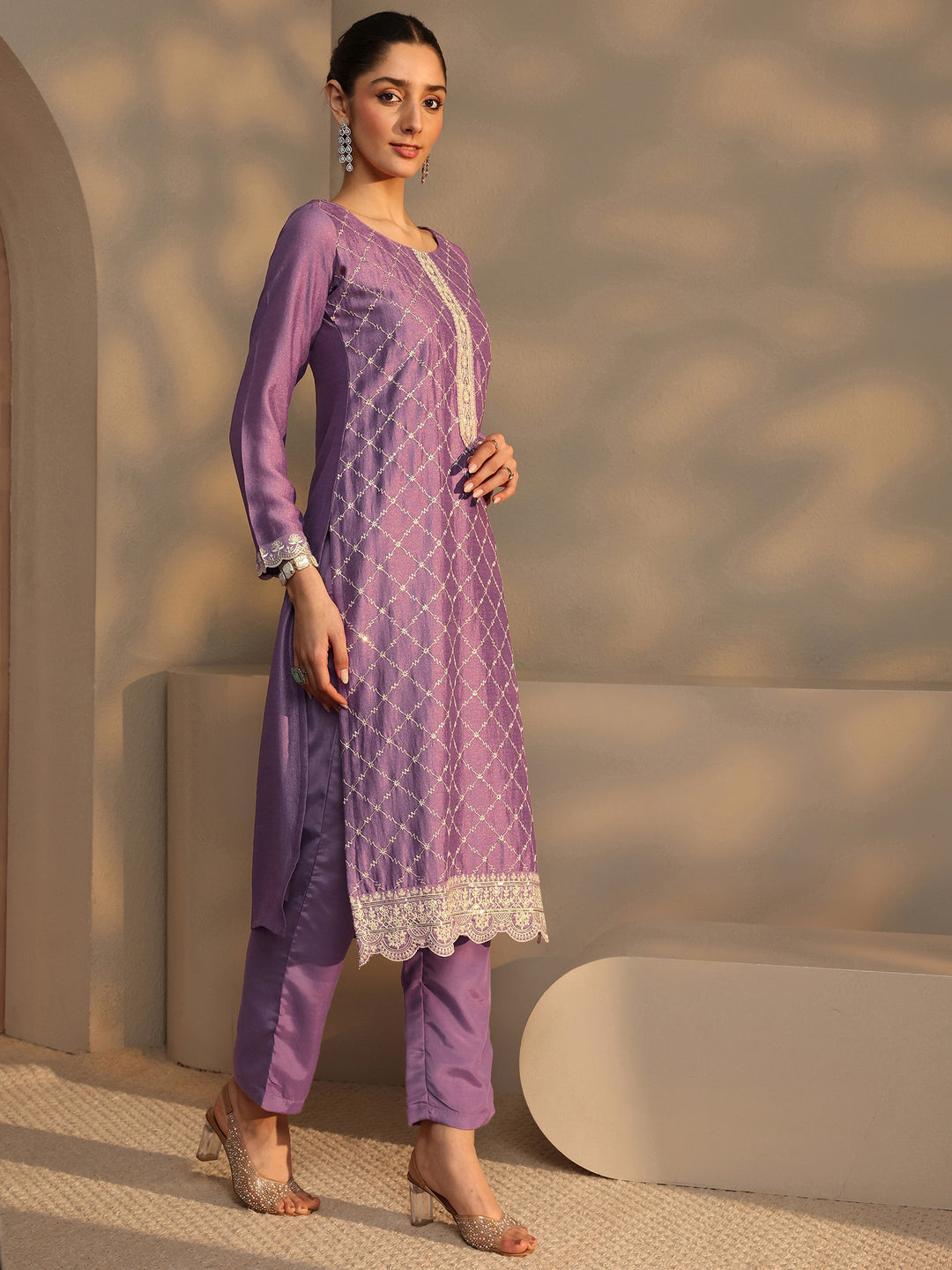 Purple Embroidered Silk Blend Straight Suit Set With Dupatta