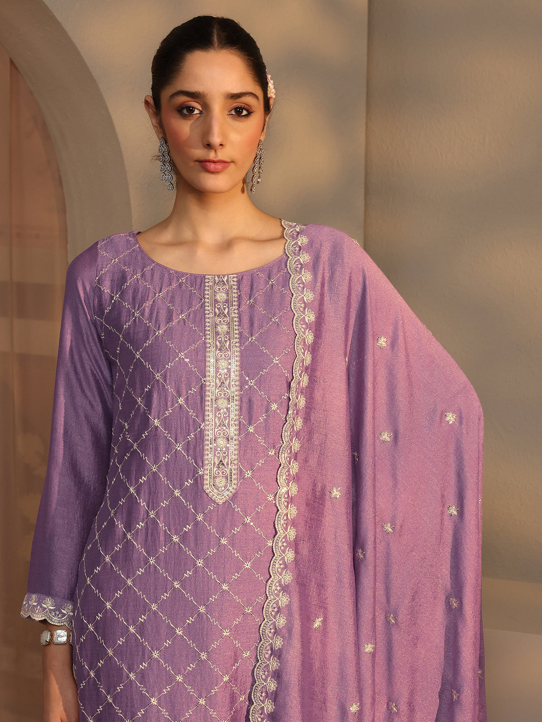 Purple Embroidered Silk Blend Straight Suit Set With Dupatta