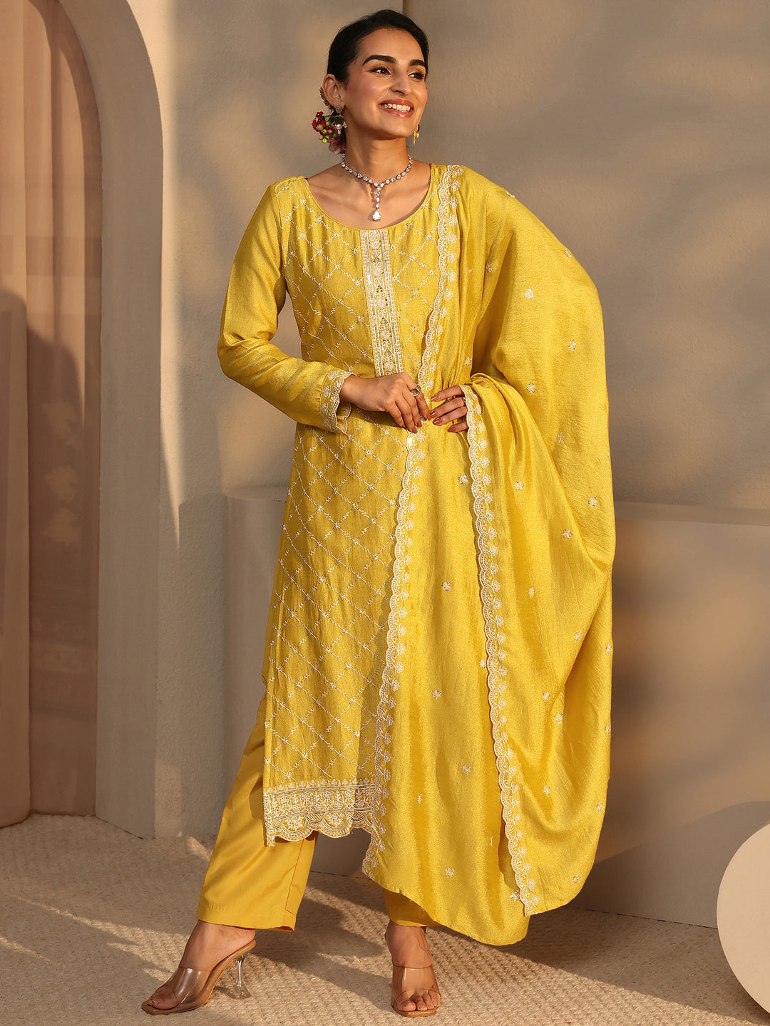Mustard Embroidered Silk Blend Straight Suit Set With Dupatta