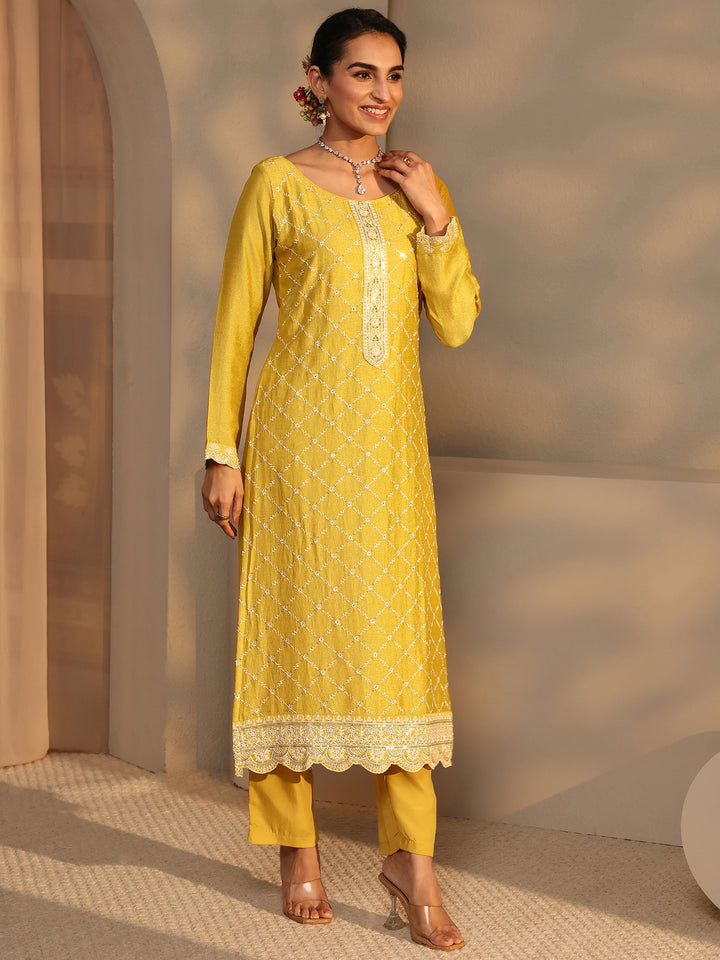 Mustard Embroidered Silk Blend Straight Suit Set With Dupatta