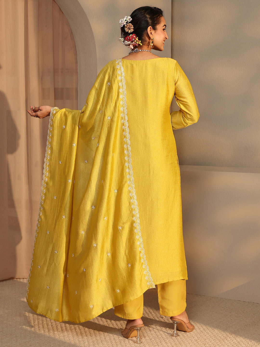 Mustard Embroidered Silk Blend Straight Suit Set With Dupatta