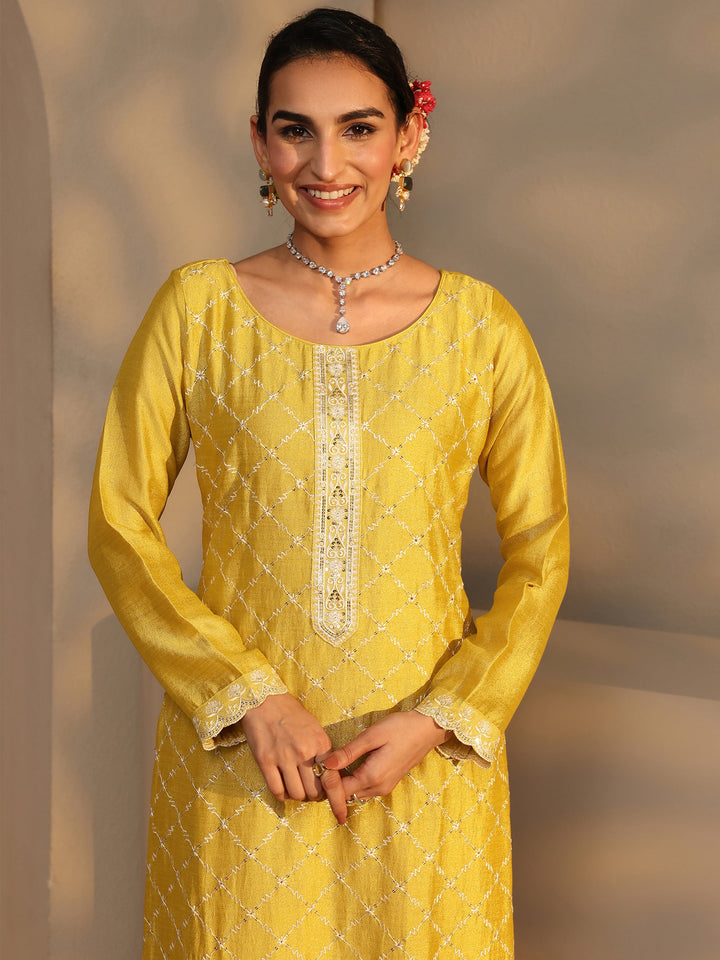 Mustard Embroidered Silk Blend Straight Suit Set With Dupatta