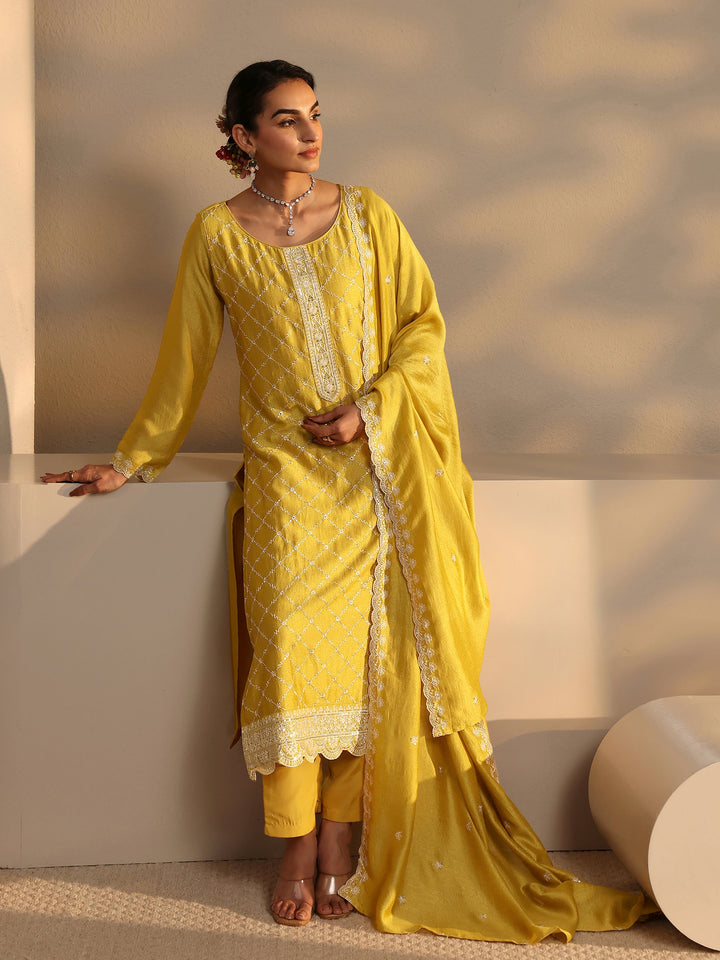 Mustard Embroidered Silk Blend Straight Suit Set With Dupatta