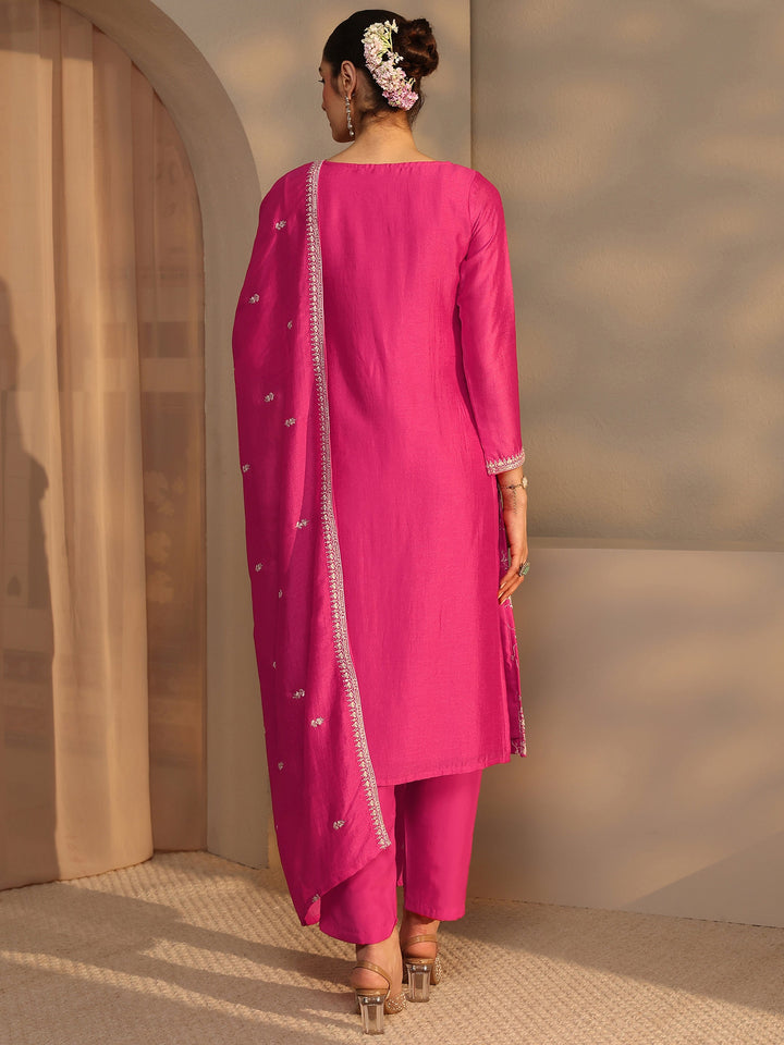 Pink Embroidered Silk Blend Straight Suit Set With Dupatta