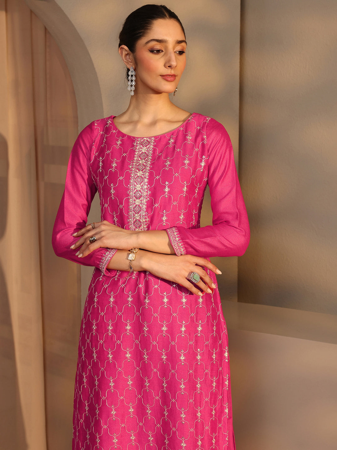 Pink Embroidered Silk Blend Straight Suit Set With Dupatta