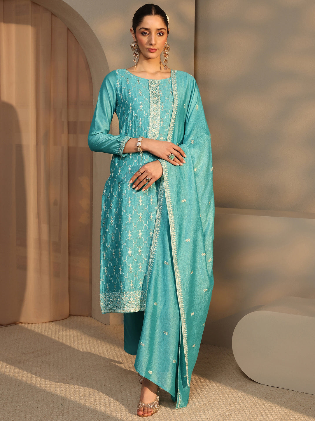 Blue Embroidered Silk Blend Straight Suit Set With Dupatta