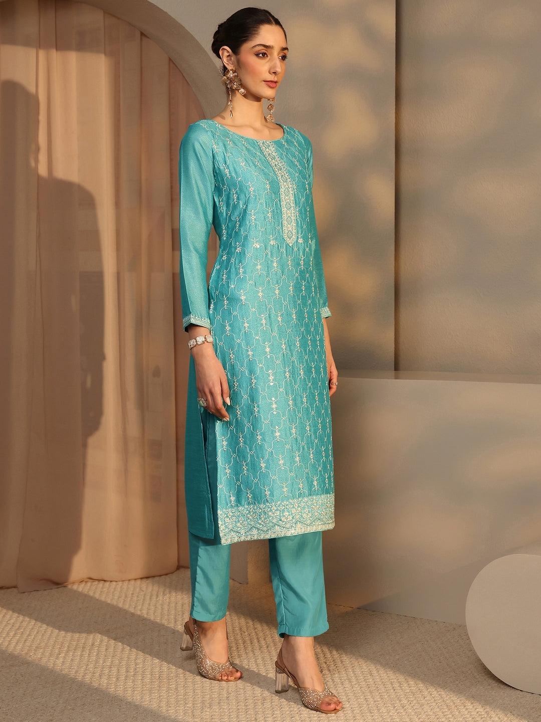 Blue Embroidered Silk Blend Straight Suit Set With Dupatta