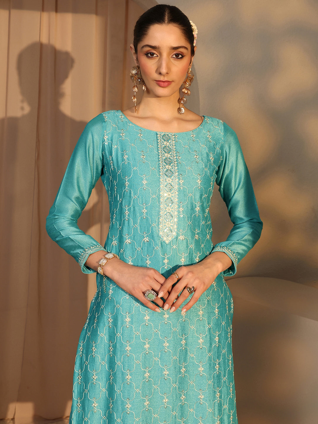 Blue Embroidered Silk Blend Straight Suit Set With Dupatta