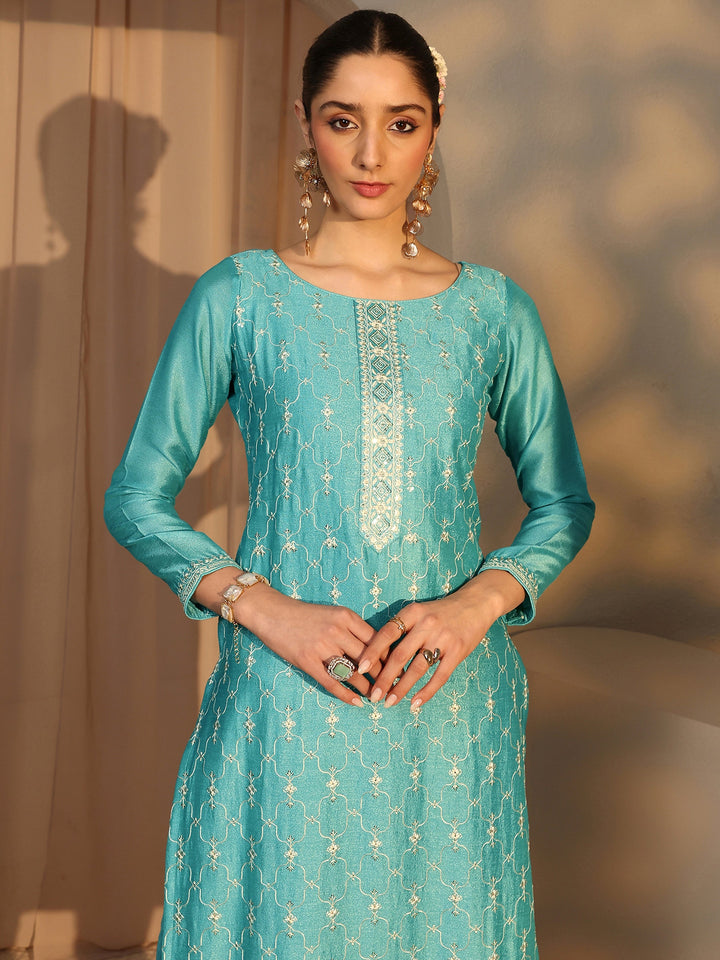 Blue Embroidered Silk Blend Straight Suit Set With Dupatta