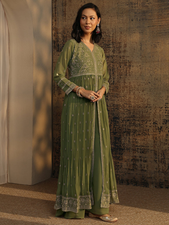 Libas Art Green Embroidered Chinon A-Line Suit Set With Dupatta