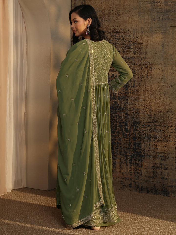 Libas Art Green Embroidered Chinon A-Line Suit Set With Dupatta