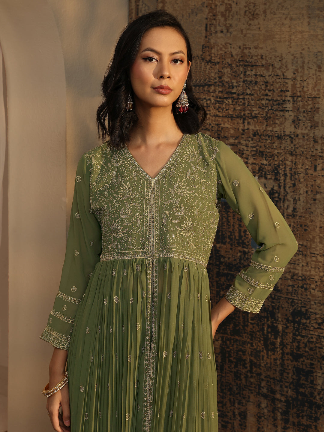 Libas Art Green Embroidered Chinon A-Line Suit Set With Dupatta